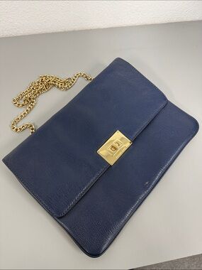 Michael Kors Navy Leather Shoulder Bag with Gold Chain